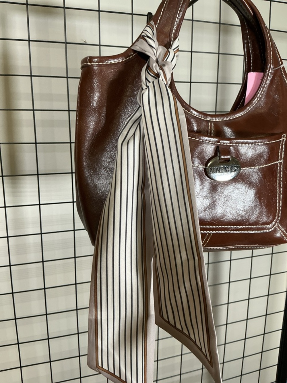 Nine West Brown Leather Top Handle Handbag Classic Structured + Scarf Accent - Picture 4 of 7